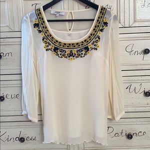 TIBI Cream Yellow Peasant Blouse Top w Embroidery